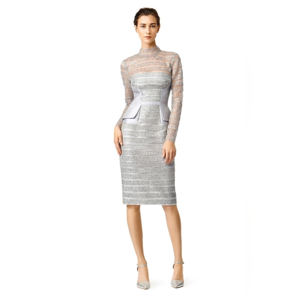 $1,600 BIBHU MOHAPATRA SILVER METALIC LONG SLEEVE RUNWAY DRESS US 2 - Picture 8 of 13